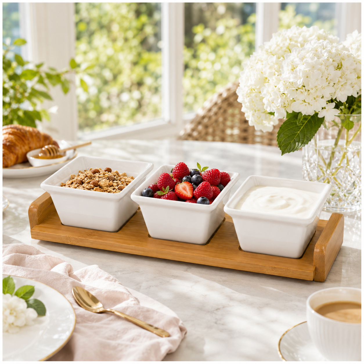 4 Piece Beauitiful Ceramic Snack Bowl Set with Wooden Serving Board- 34 cm