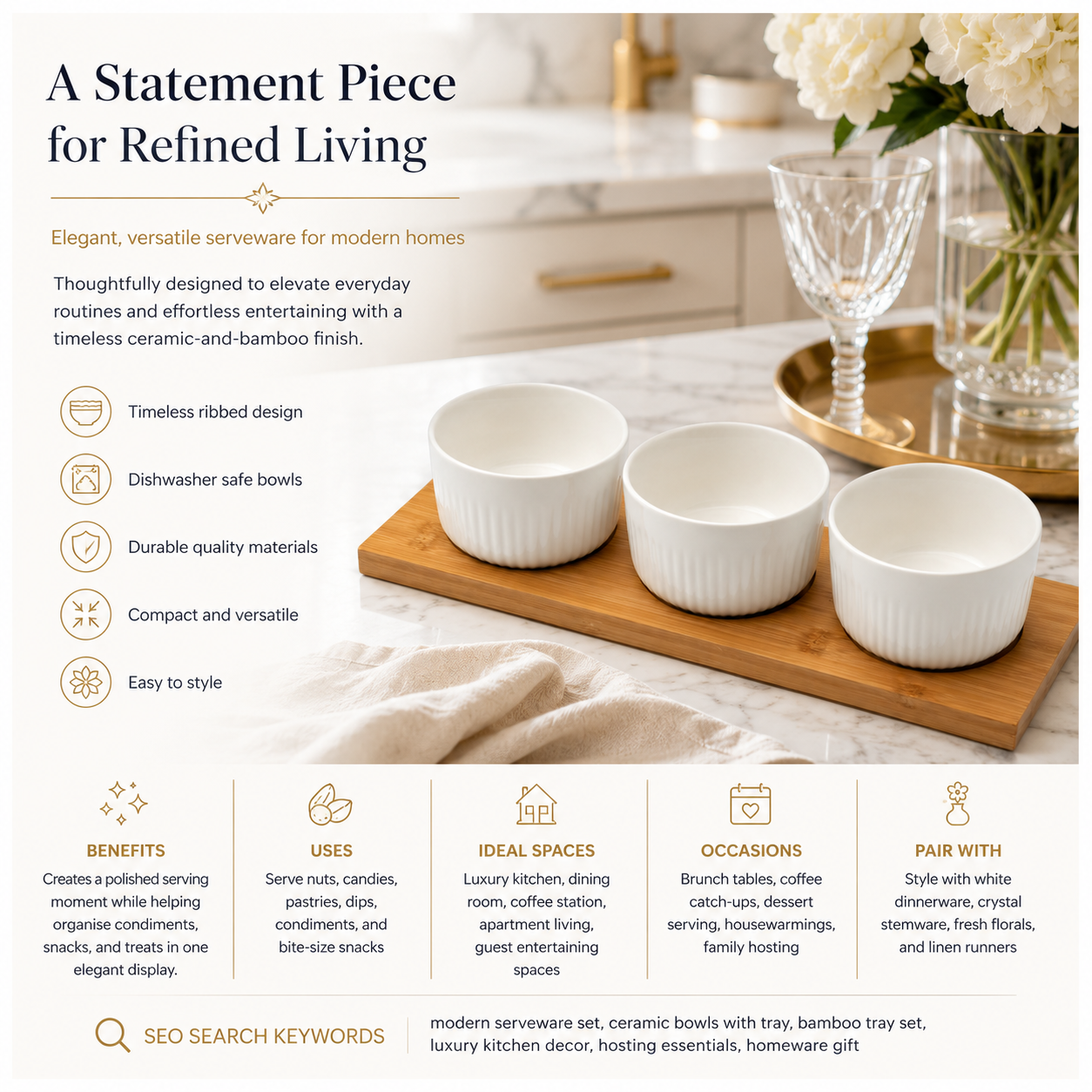 Elegant 4 Piece Bamboo Tray and Ceramic Pastry Bowls -Classic Serveware Set