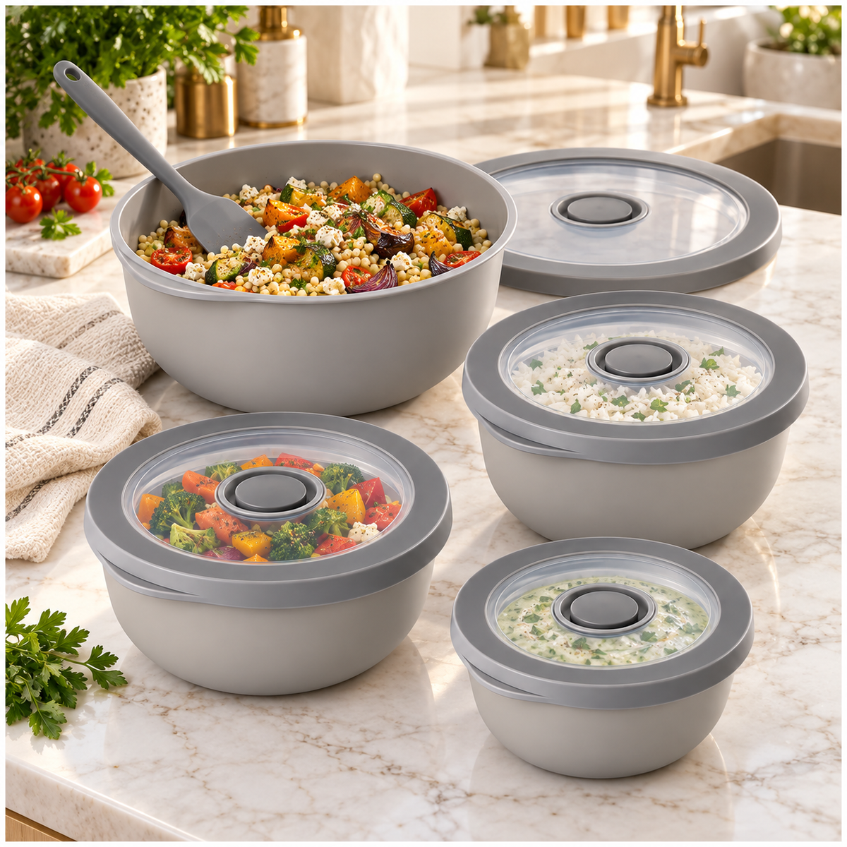 Airtight Round Food Storage Container Set of 4 – Grey, Clear Lids, BPA-Free