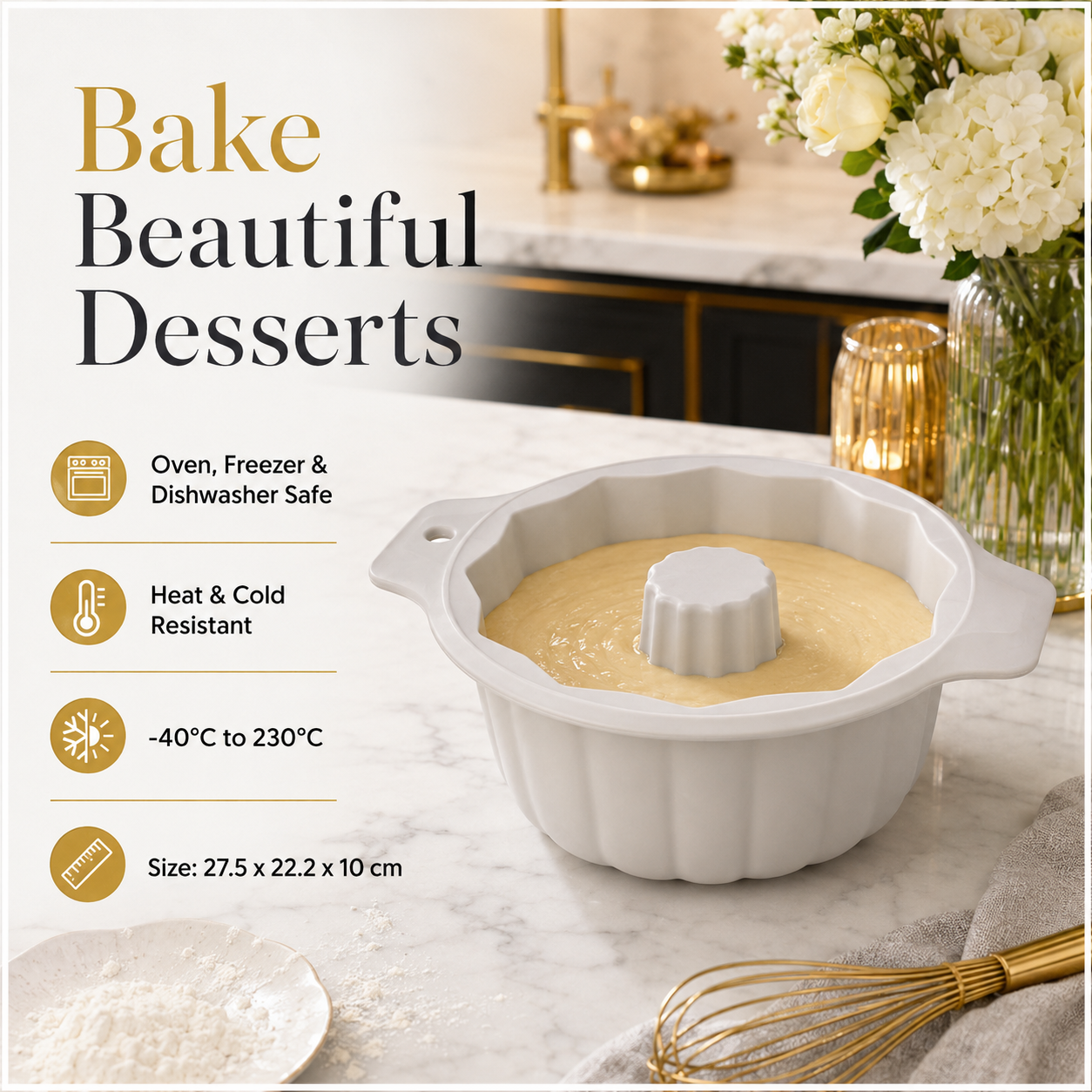 BPA Free Professional Silicone Cake Mould – Stone White Round Bundt Mould