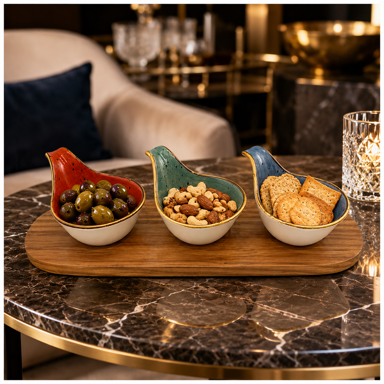Beautiful 4-Piece Ceramic Snack Serving Bowl Set with Acacia Wood Board