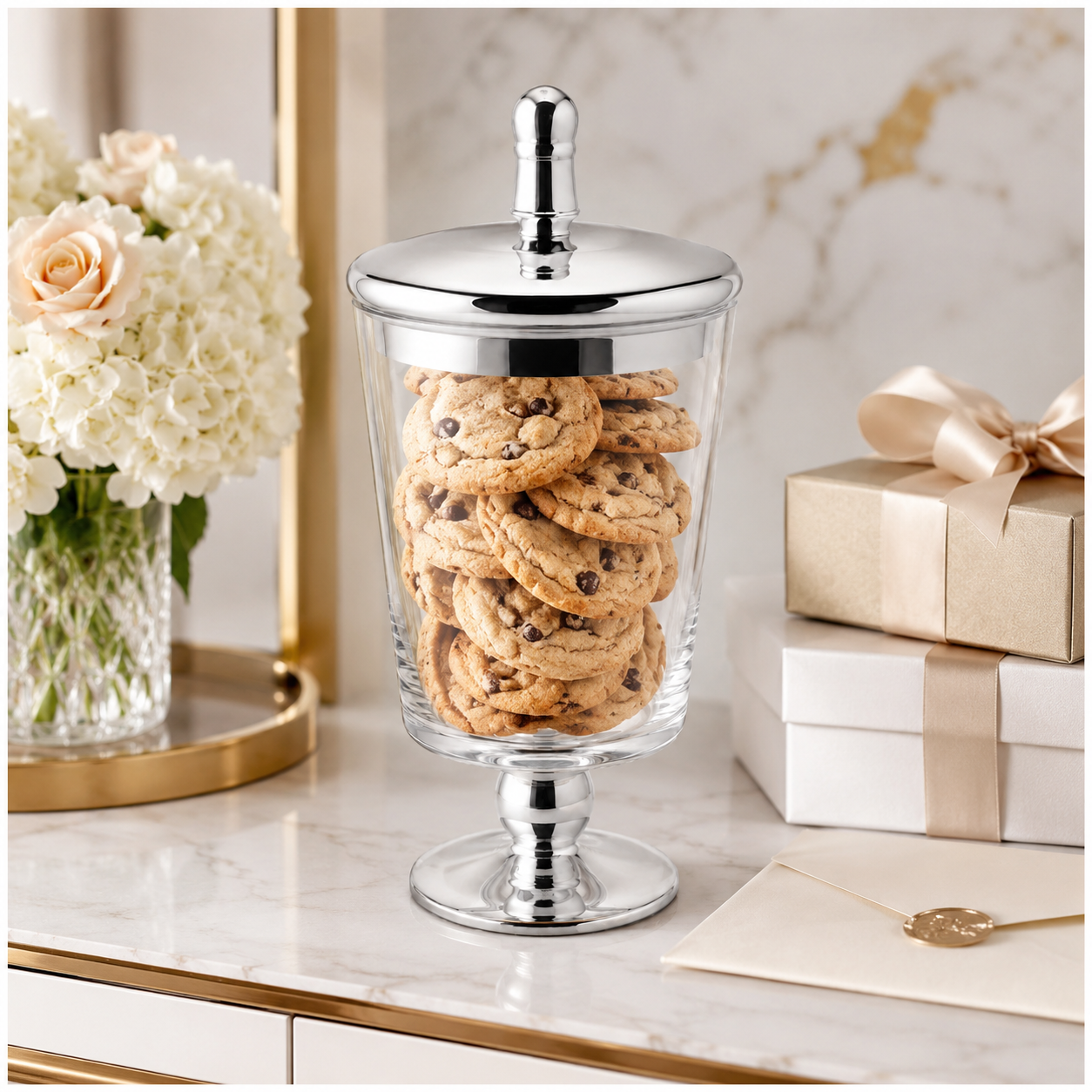 Elegant Decorative Glass Jar with Mirrored Silver Lid and base – 23.5cm