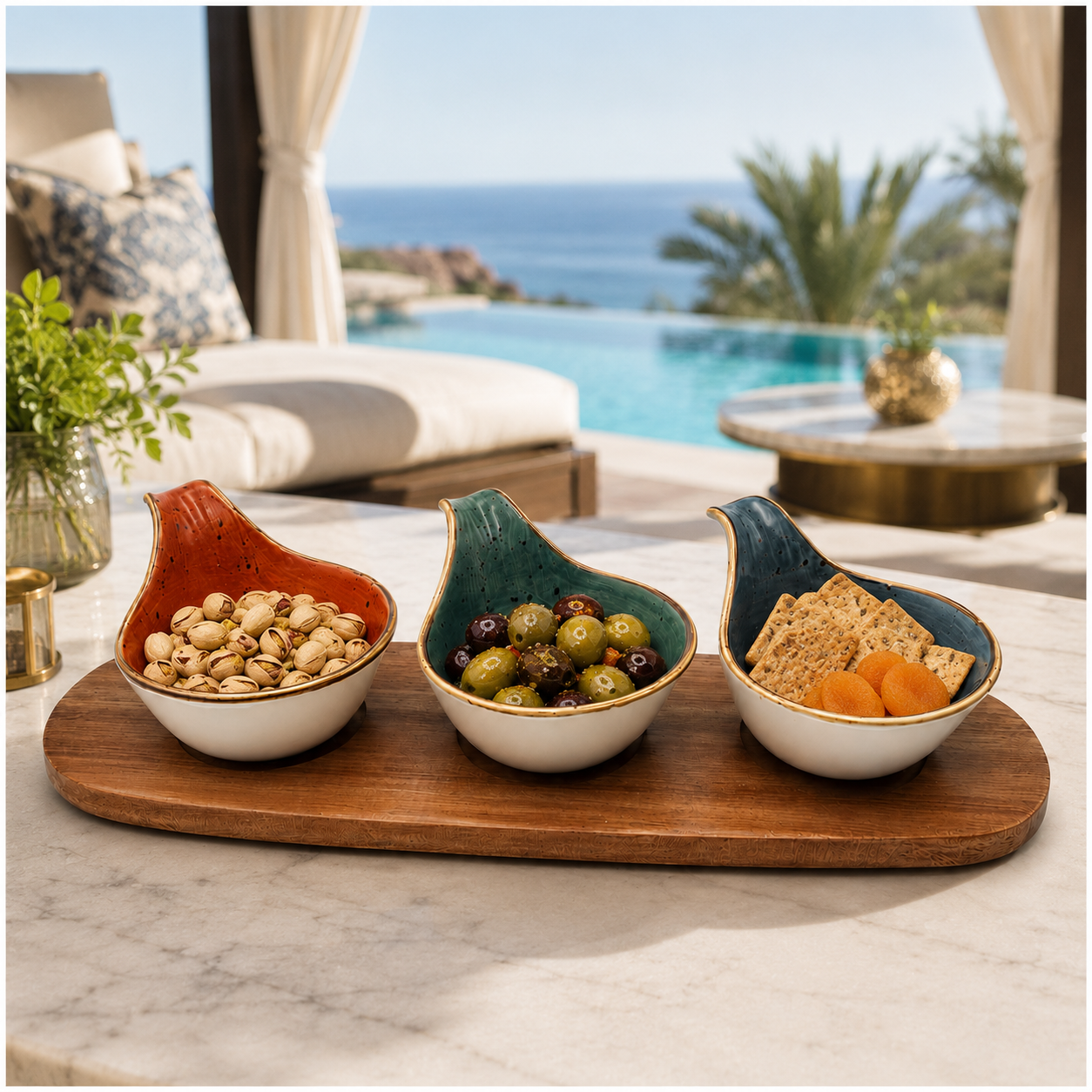 Elegant 3-Piece Ceramic Snack Bowl Set with Acacia Wood Serving Board