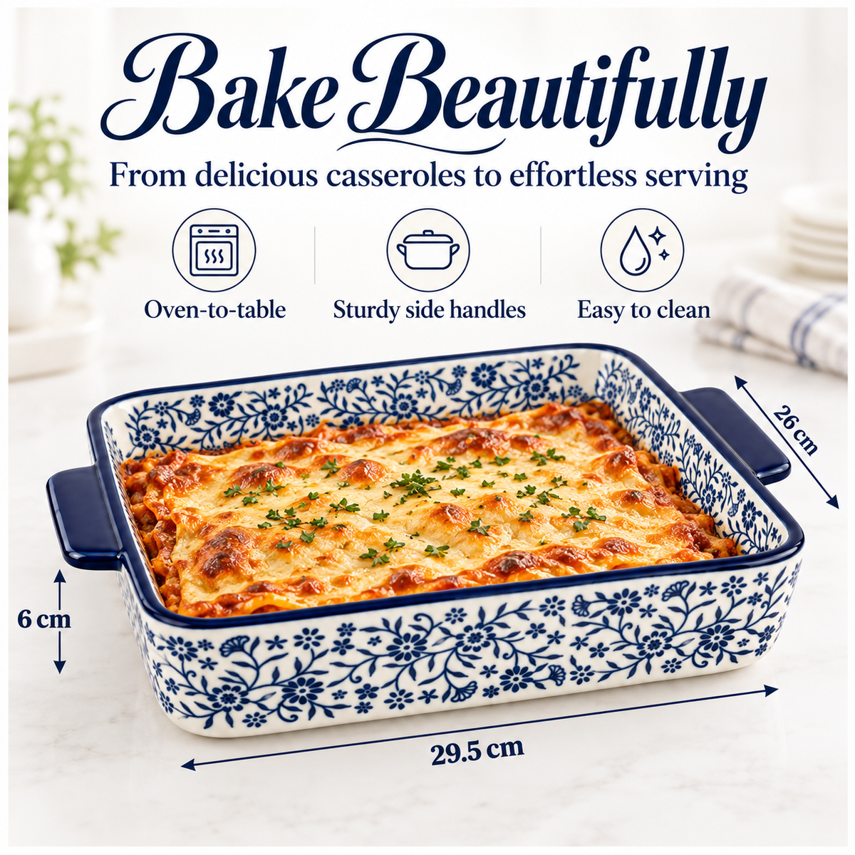 Elegant Blue and White Floral Porcelain Baking Dish with Handles - 29.5cm