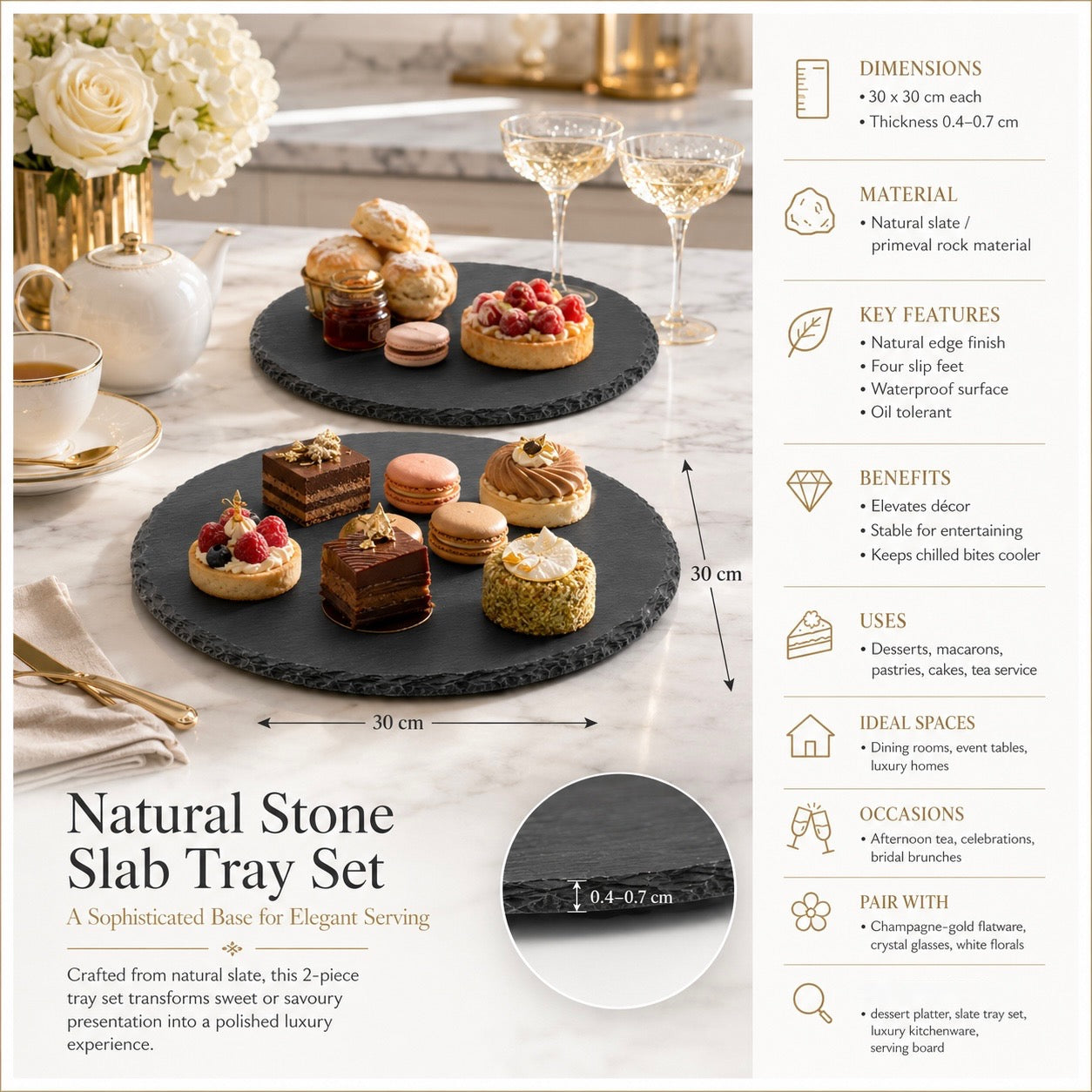 Elegant Natural Stone Slab Tray Set – 2 Piece Serving tray - 30 cm