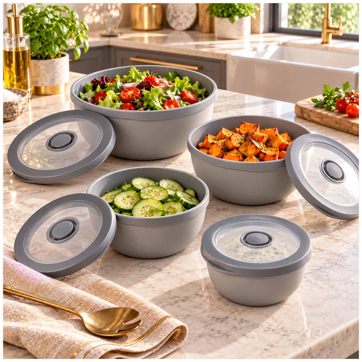 Airtight Round Food Storage Container Set of 4 – Grey, Clear Lids, BPA-Free