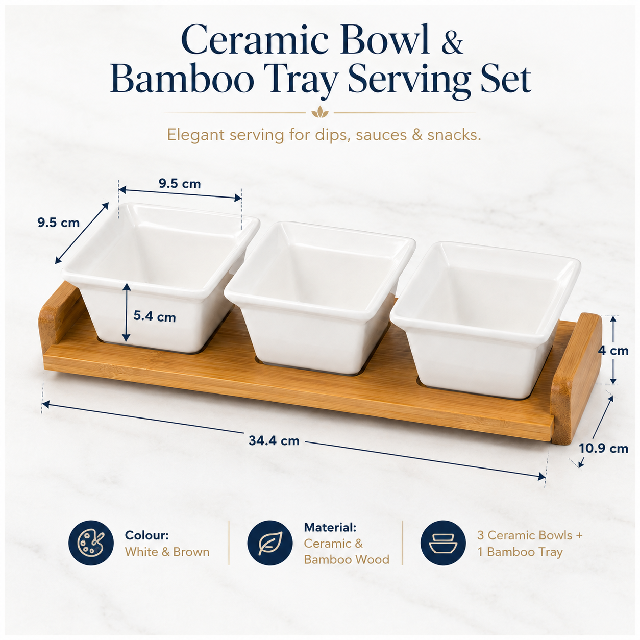 4 Piece Beauitiful Ceramic Snack Bowl Set with Wooden Serving Board- 34 cm