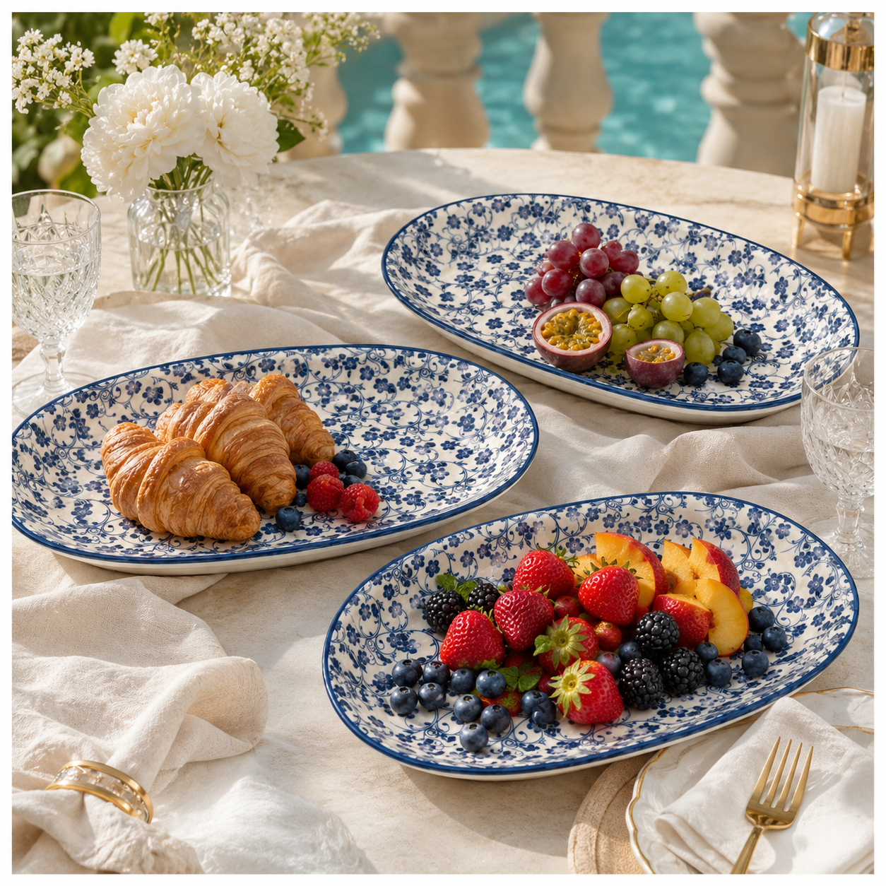Elegant Blue and White Ceramic Serving Platter Set – Set of 3 - 30 cm