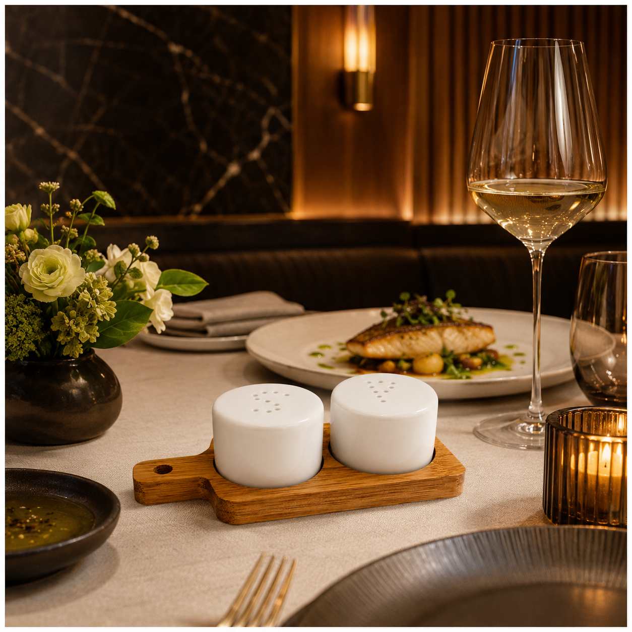 Classic Salt and Pepper Shakers with Bamboo Board – 3 Piece Porcelain Set