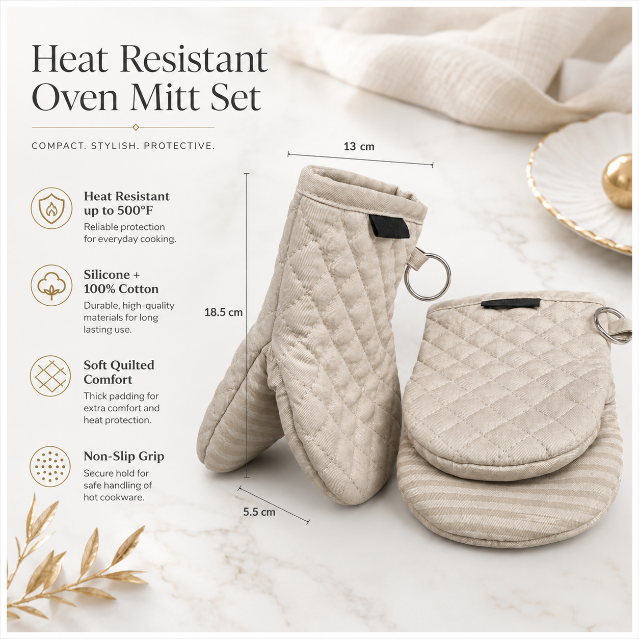 Quilted Compact Oven Mitt Set with Silicone Grip - Olive Brown