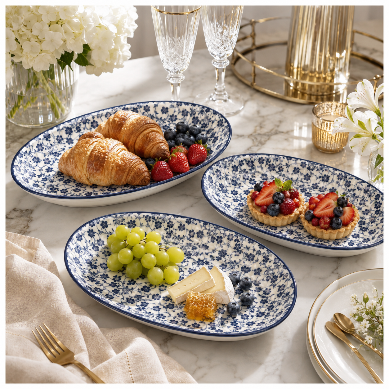 Elegant Blue and White Ceramic Serving Platter Set – Set of 3 - 30 cm