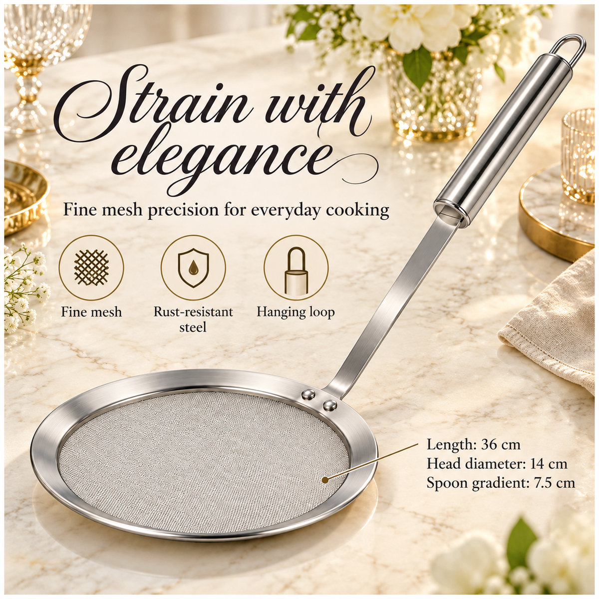 Stainless Steel Fine Mesh Strainer and Skimmer - Long Round Handle Silver