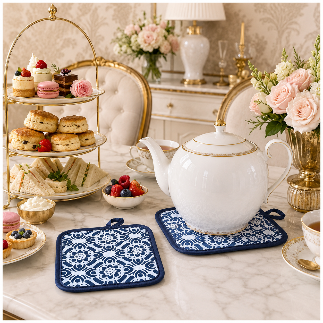 2-Piece Heat-Resistant Cotton Kitchen Potholder Set –Blue and White- 20 cm