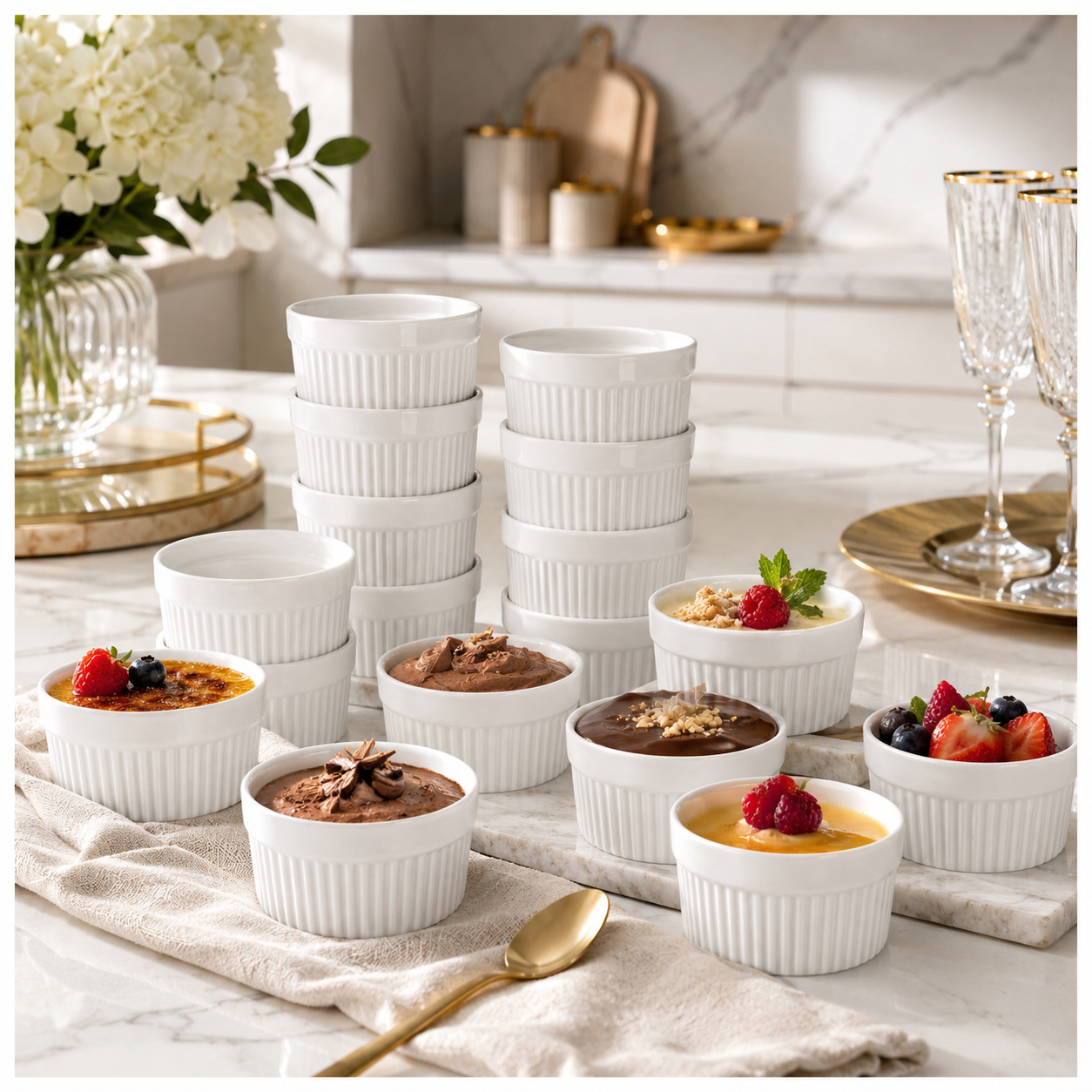 White Porcelain Ramekins Set of 12–Classic Ribbed Dessert and Baking Bowls