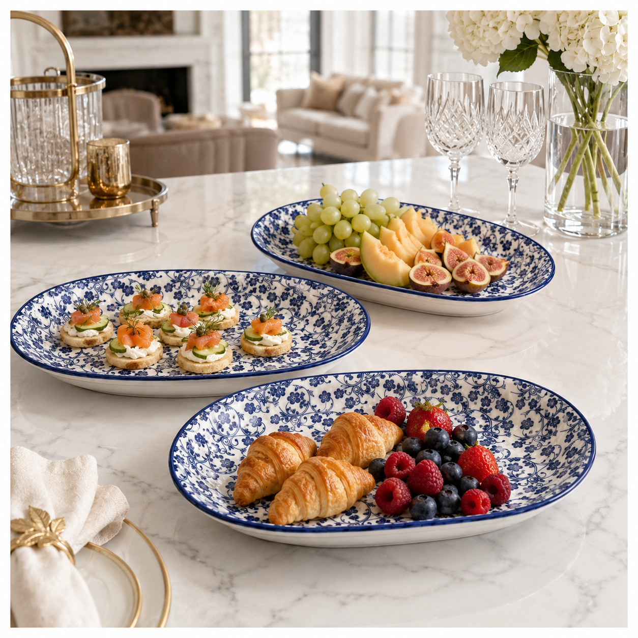 Elegant Blue and White Ceramic Serving Platter Set – Set of 3 - 30 cm
