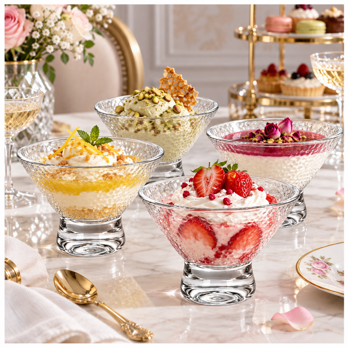 Elegant Glass Footed Dessert Bowls 180ml – Clear Textured Set of 4