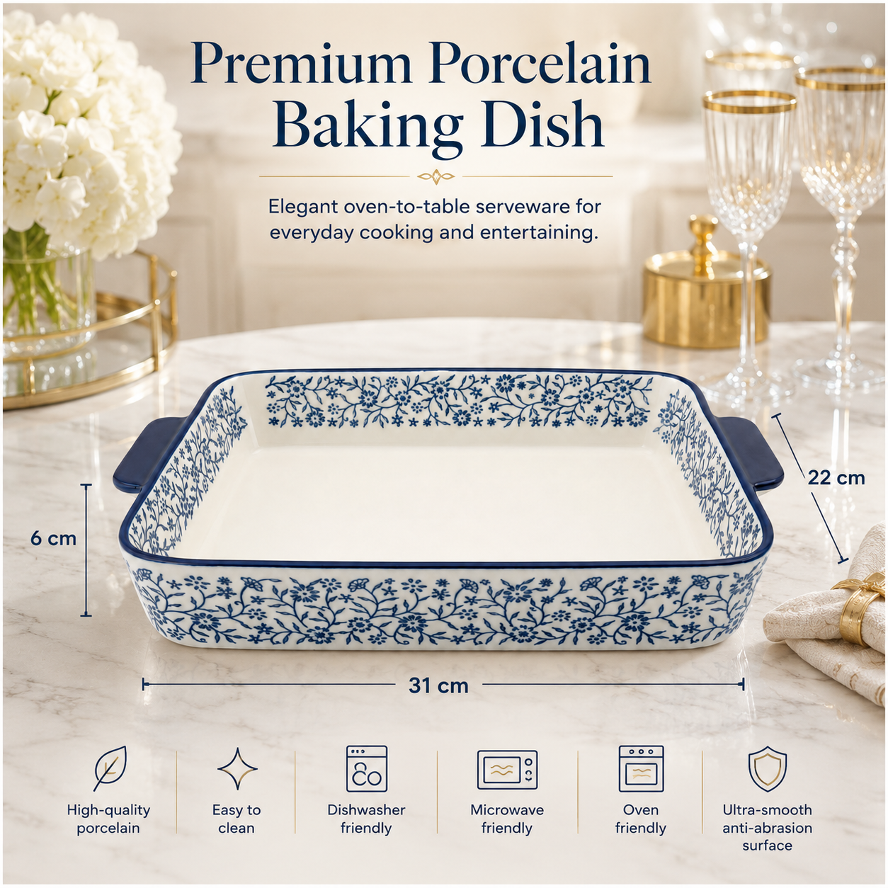 Premium White-Blue Porcelain Rectangular Casserole Dish -Serving Dish -31cm