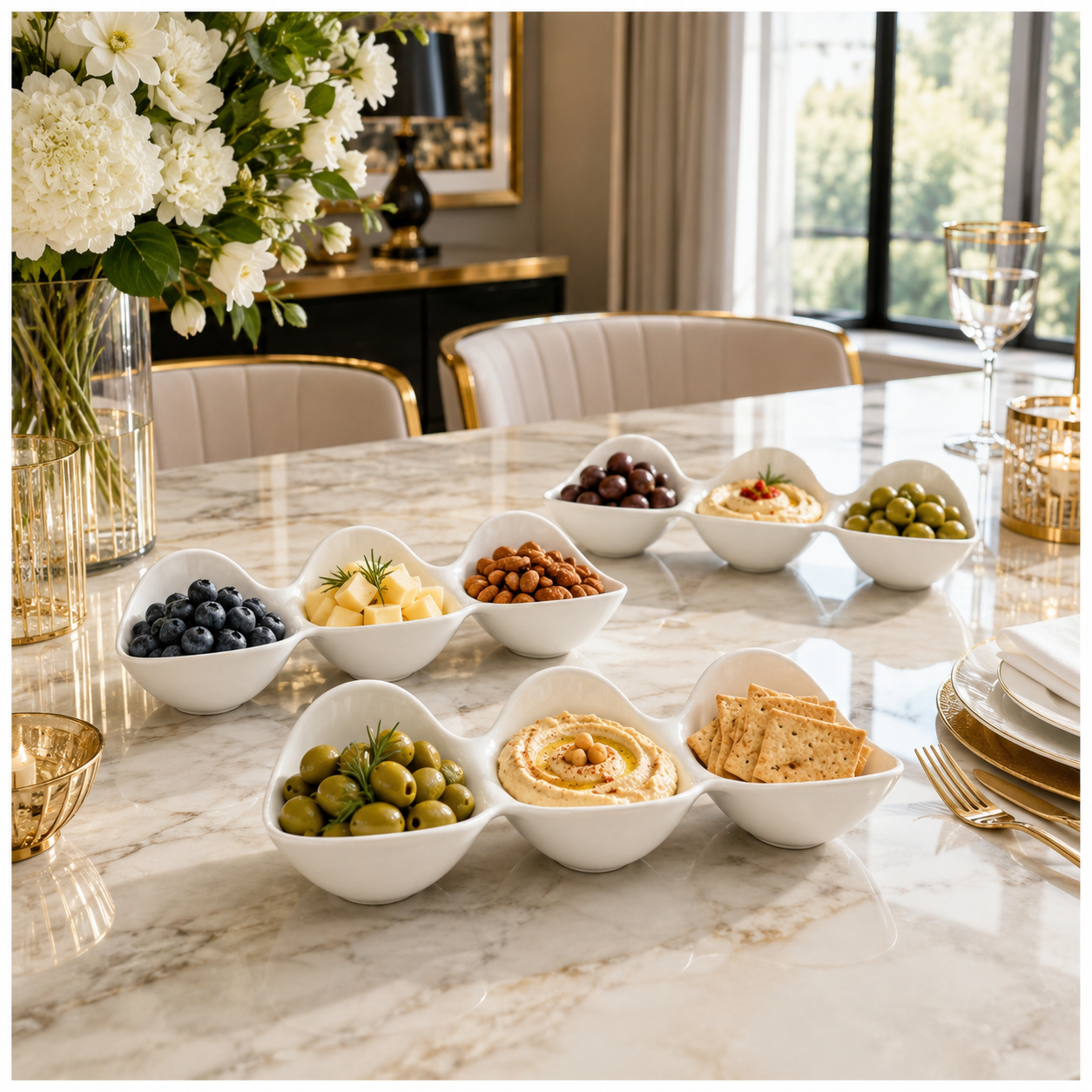 3-Piece White Melamine Triple Bowl Serving Set – 3 x 3-Compartment Bowls
