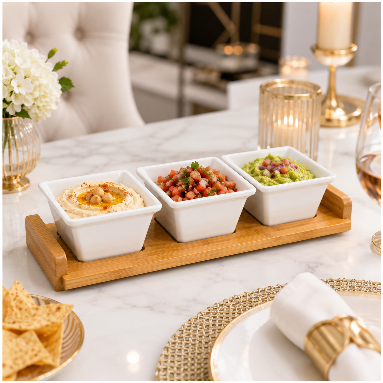 Elegant 4-Piece Ceramic Snack Serving Bowls with Bamboo Tray- 33 x 12 cm