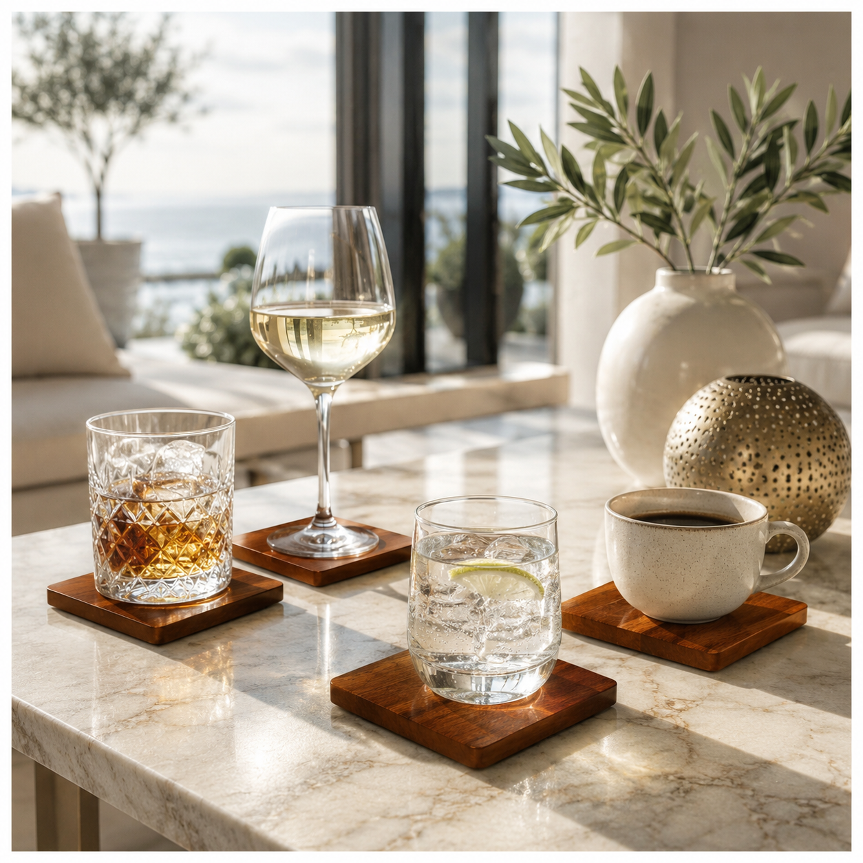 4-Piece Acacia Wood Coaster Set – Brown Wooden Drink Coasters- Eco Friend