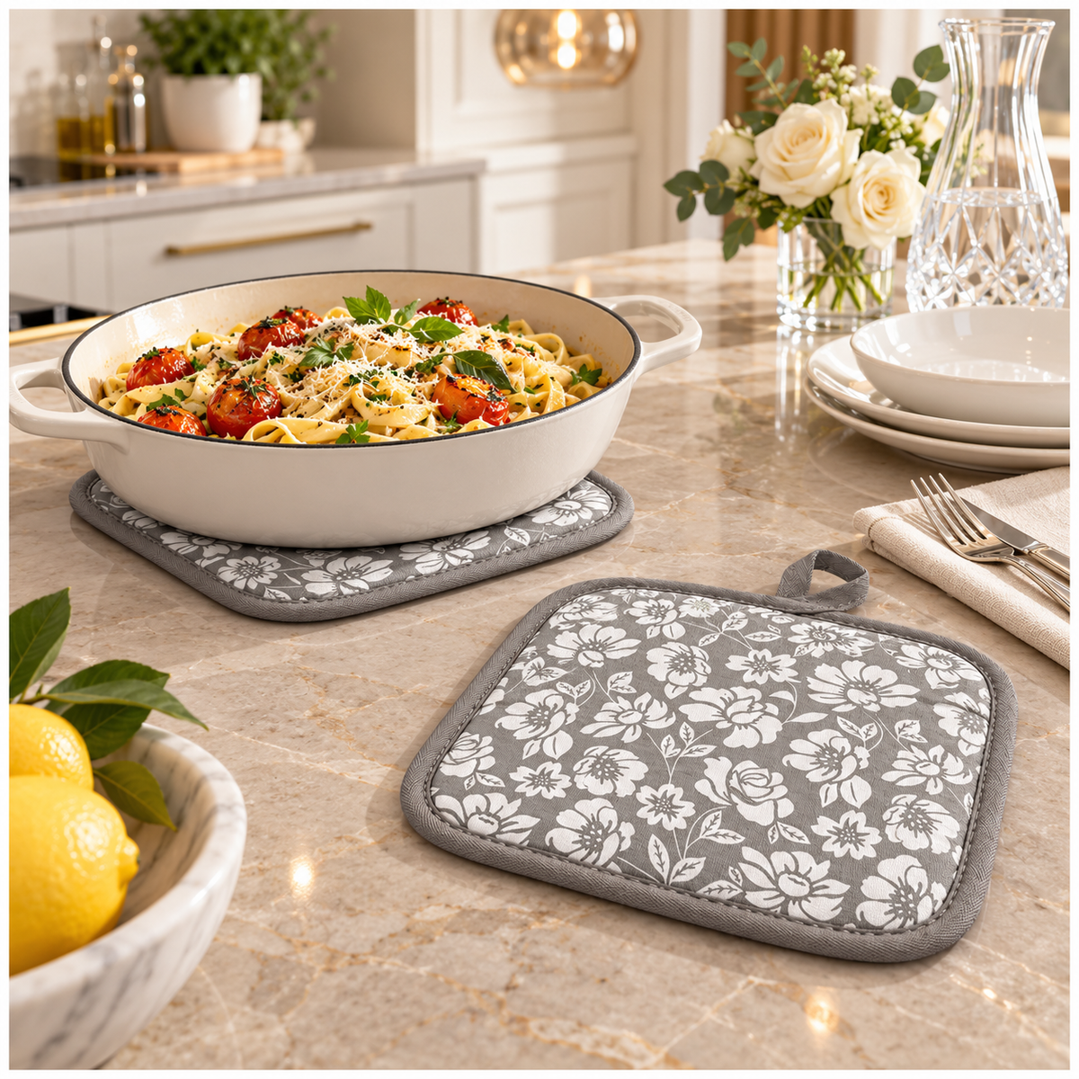 Essential Heat-Resistant Cotton Potholder Set of 2 – Grey and White - 20 cm