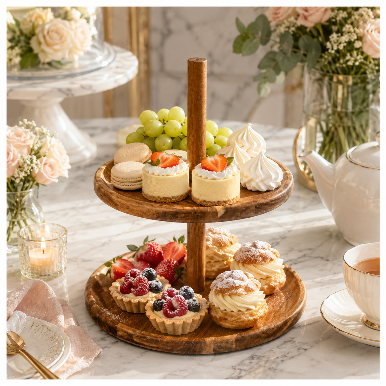 Natural Acacia 2-Tier Round Serving Platter - Wooden Display Stand - 28cm