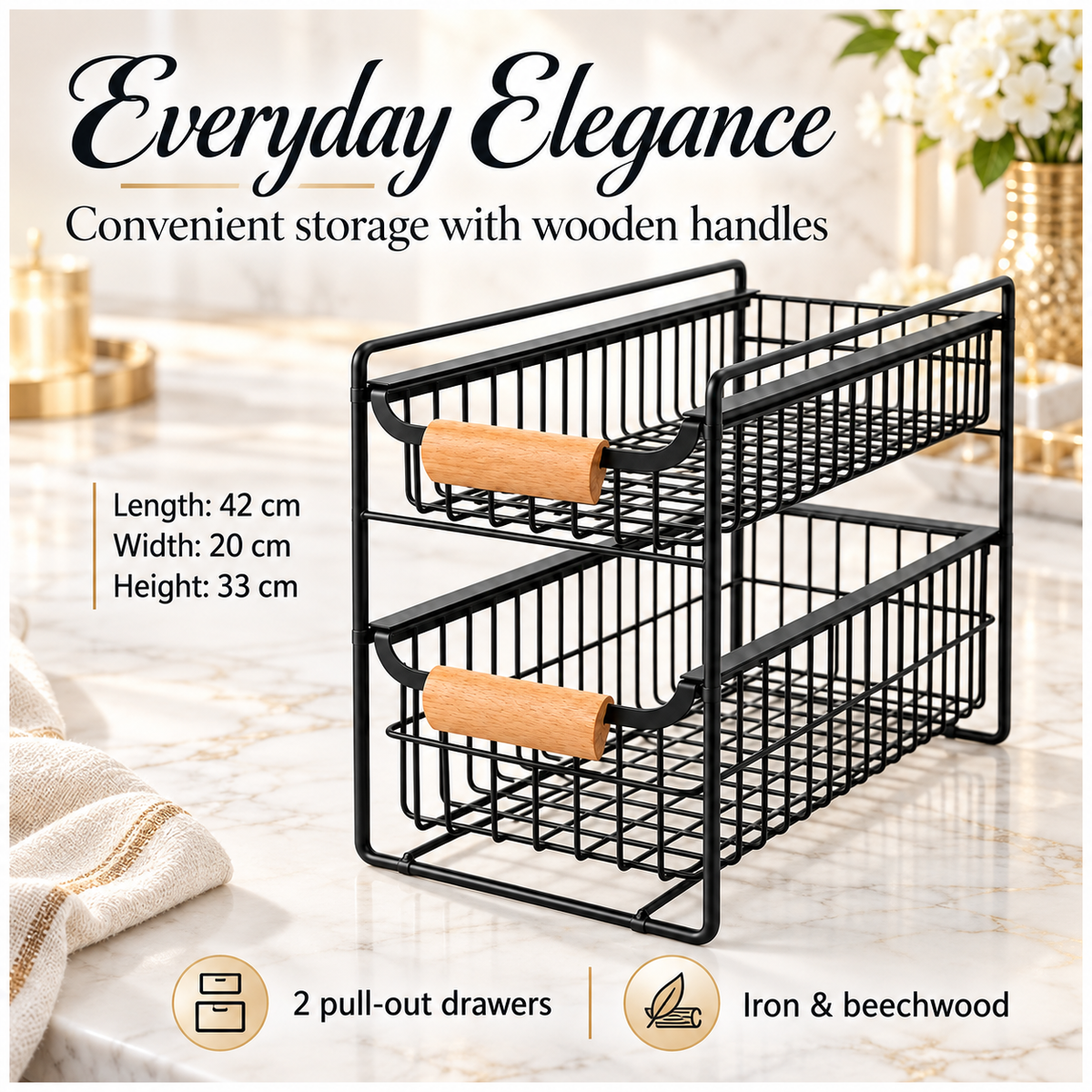 2-Tier Iron Drawer Organiser with Beechwood Handles for Convenient Storage