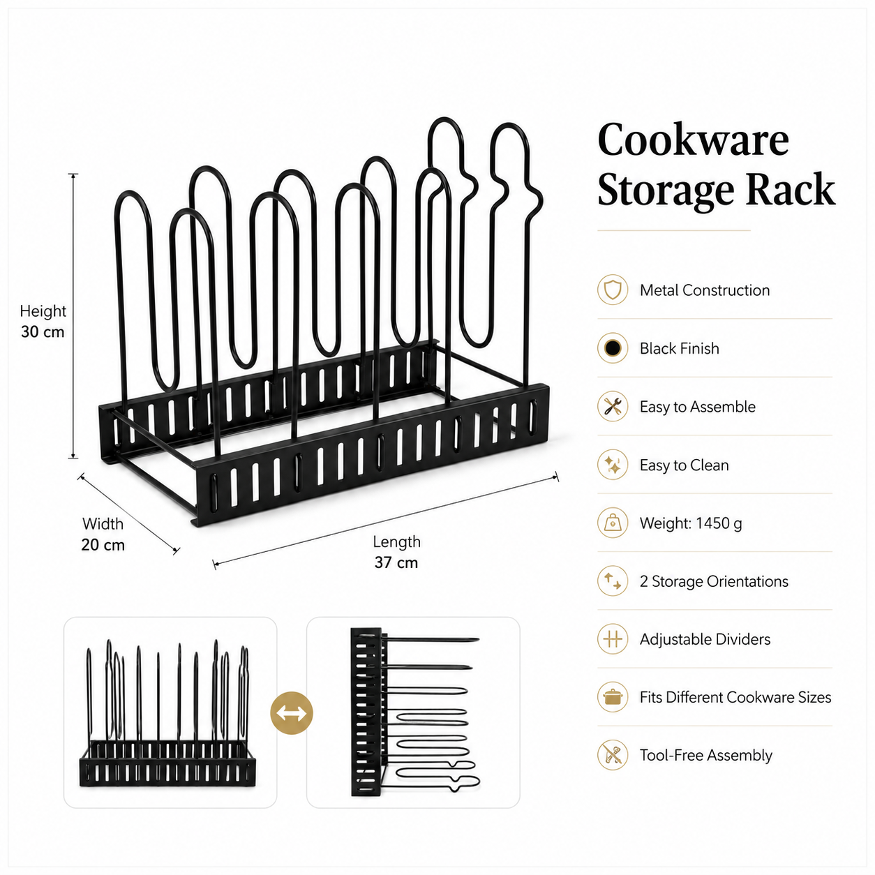 Essential Black Metal Adjustable Cookware Storage Rack-Cookware Organizer