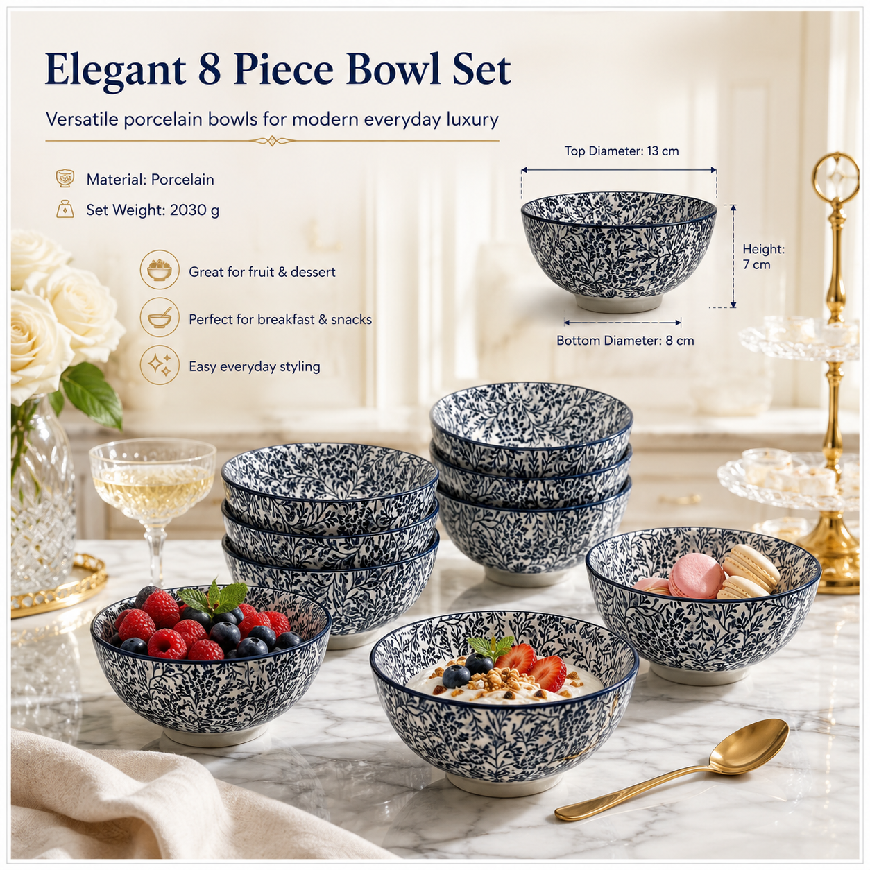 Elegant 8-Piece Blue Floral Porcelain Bowl Set – 13 cm