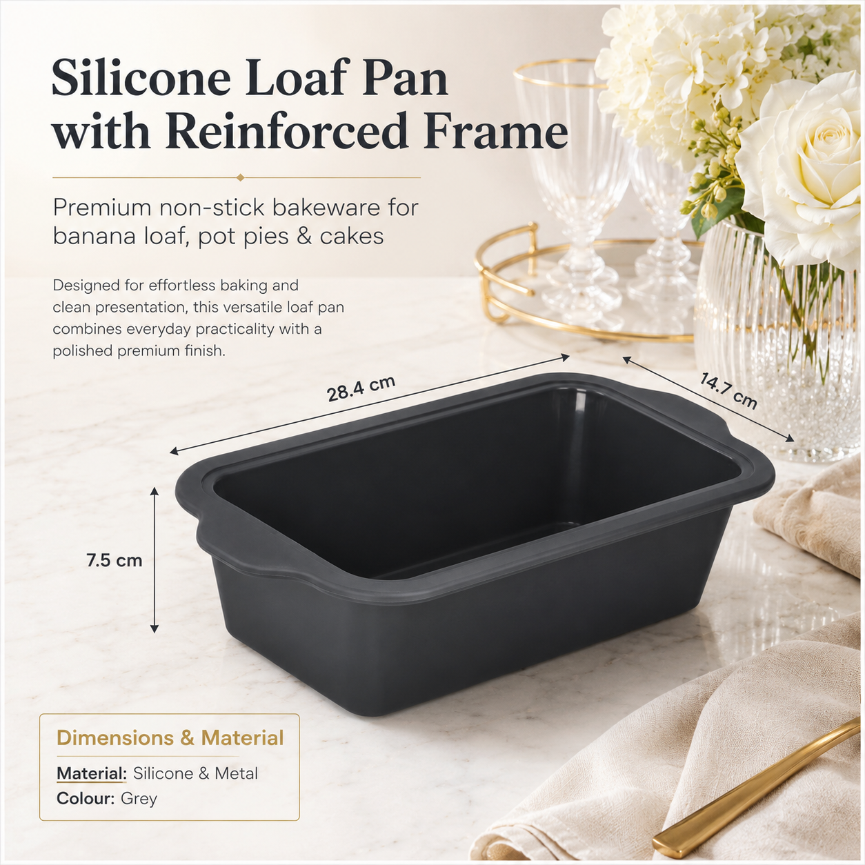 Essential Grey Reinforced Silicone Loaf Pan – BPA Free Baking Mould - 24cm