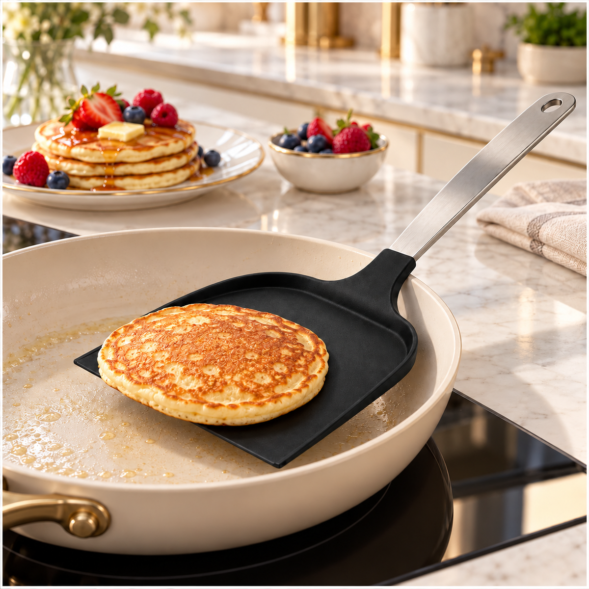 Wide Pancake Turner Spatula–Flexible Head and Stainless Steel Handle, 32 cm