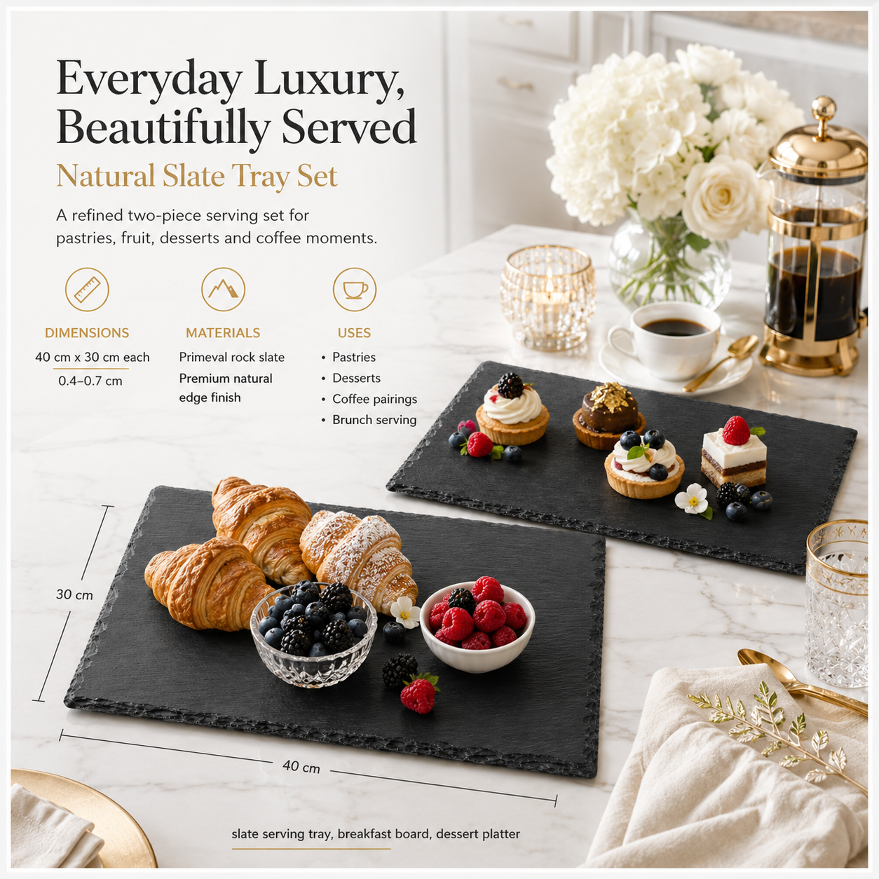 Elegant Two-Piece Natural Stone- Slate Serving Tray Set – 40 x 30cm