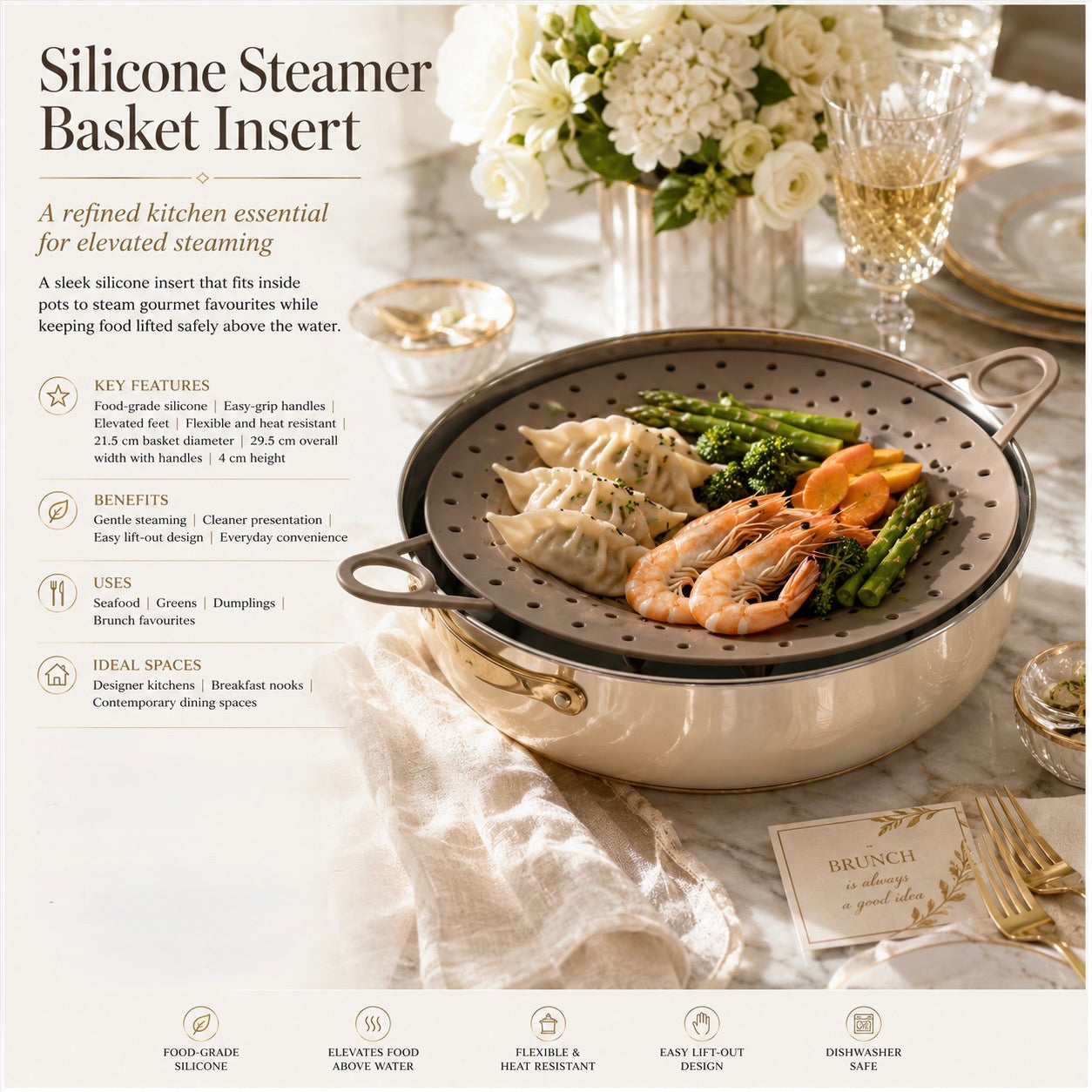Silicone Steamer Basket with Handles – 21.5 cm Pot Insert for Easy Steaming