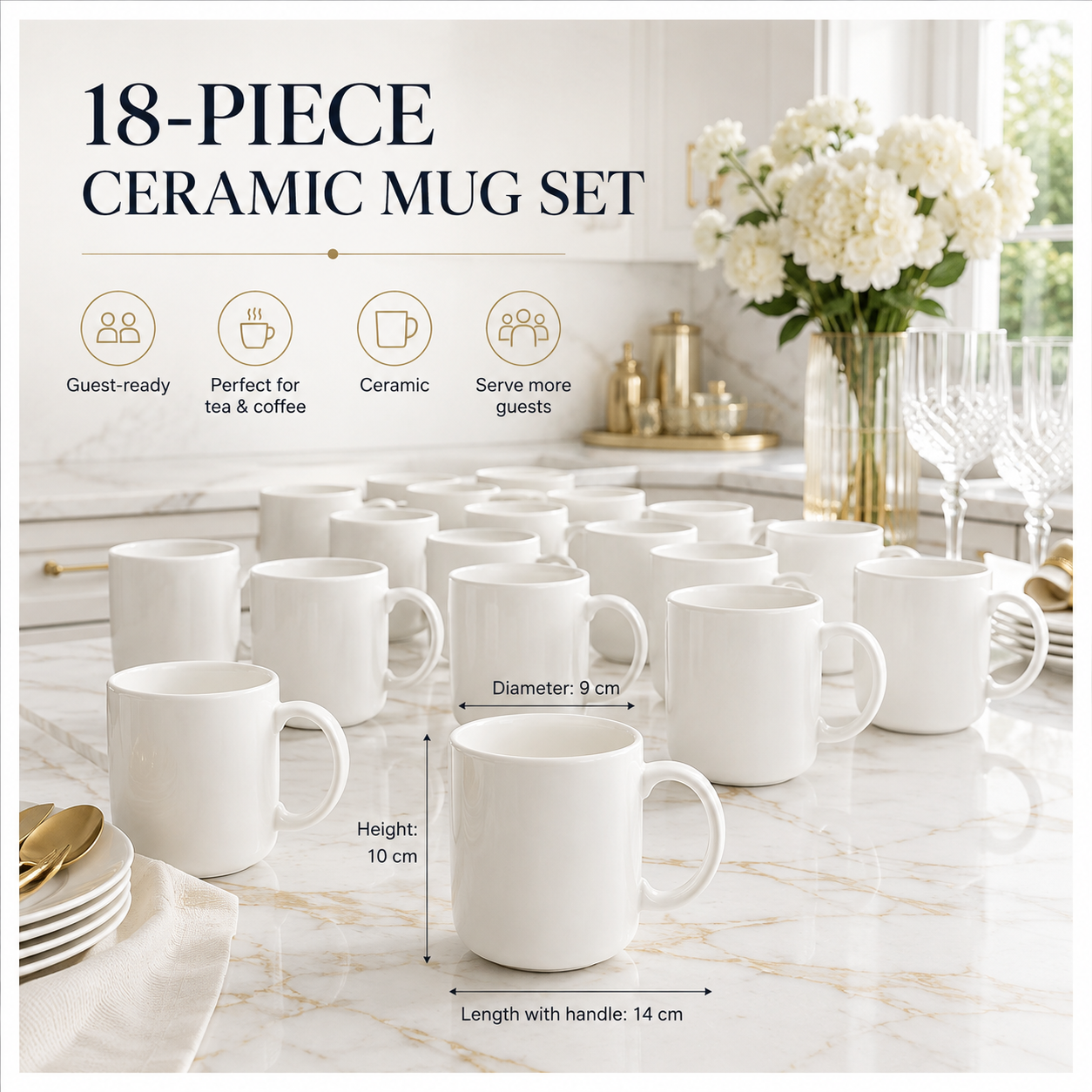 Essential 18-Piece White Ceramic Mug Set for Tea, Coffee and Entertaining