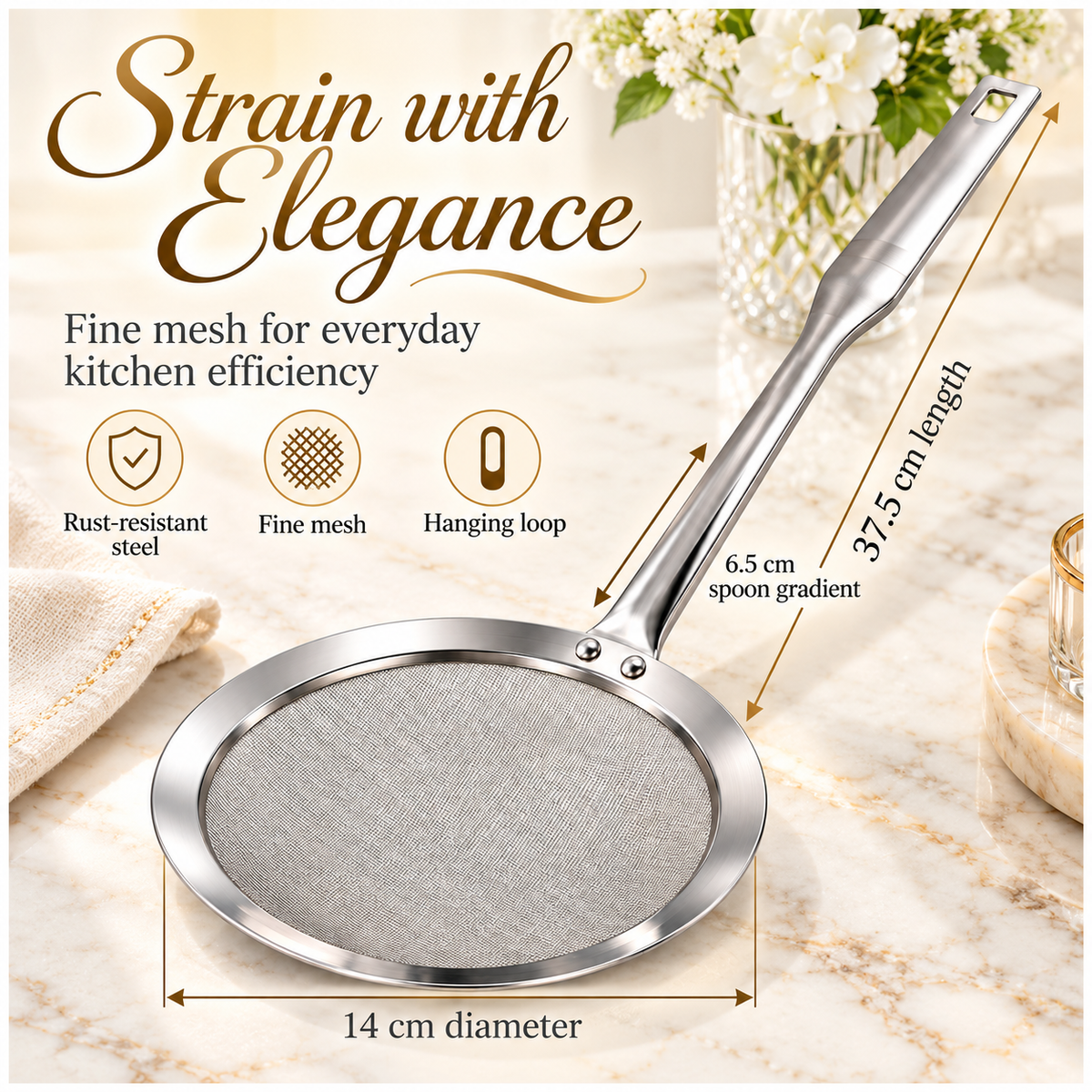 Stainless Steel Fine Mesh Strain Skimmer with Long Flat Handle – Silver