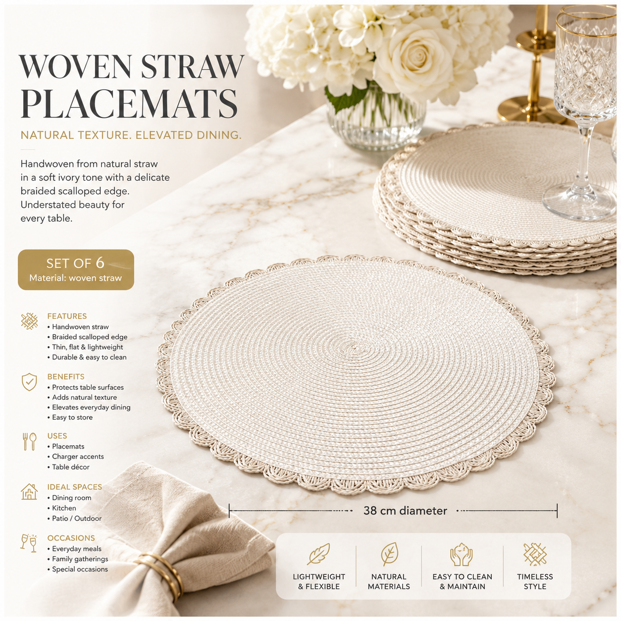 6-Piece Round Woven Straw Placemats with Scalloped Edge – 38cm