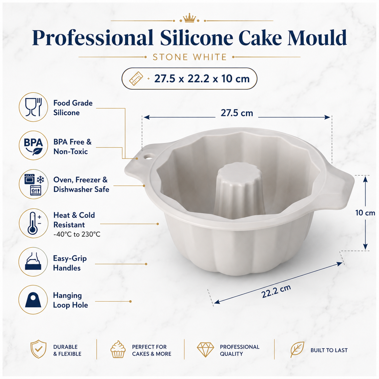 BPA Free Professional Silicone Cake Mould – Stone White Round Bundt Mould