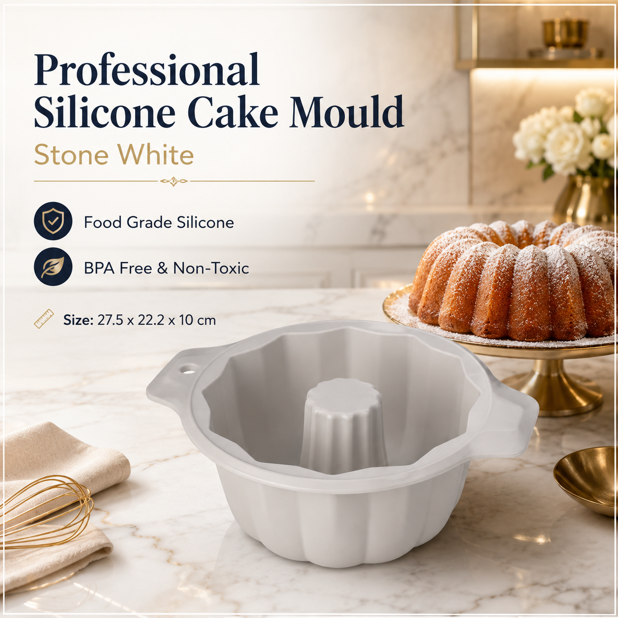 BPA Free Professional Silicone Cake Mould – Stone White Round Bundt Mould