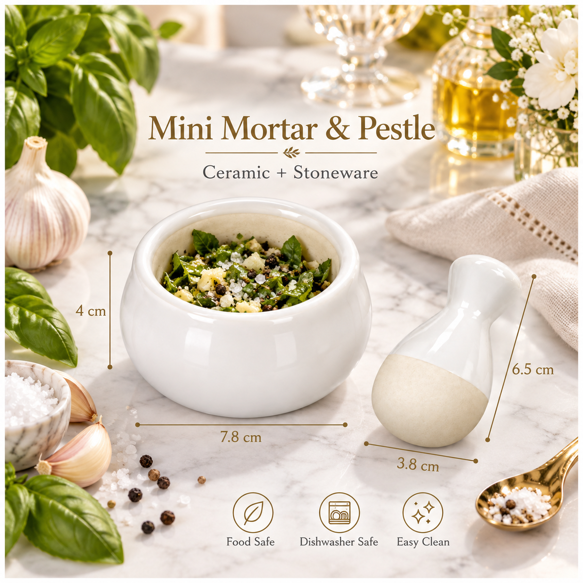 Mini Ceramic Mortar and Pestle Set - White Cream - Herb and Spice Grinder