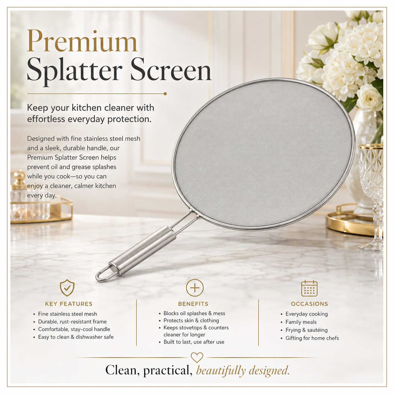 30cm Stainless Steel Splatter Screen with Easy-Grip Handl