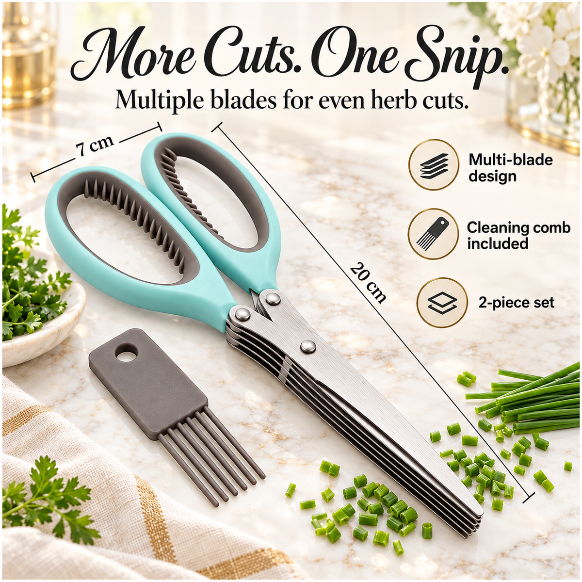 Multi-Blade Herb Scissors and Cleaning Comb Set-2 Piece ,Blue and Grey-20cm