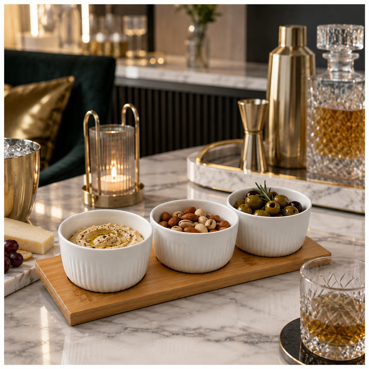 Elegant 4 Piece Bamboo Tray and Ceramic Pastry Bowls -Classic Serveware Set