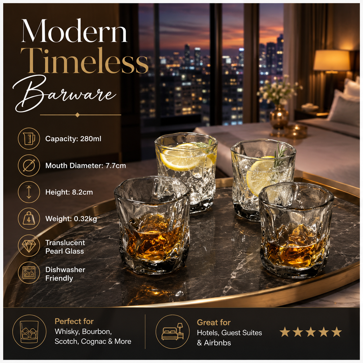 Luxury 4-Piece Translucent Black Crystal-Look Glass Set – 280ml