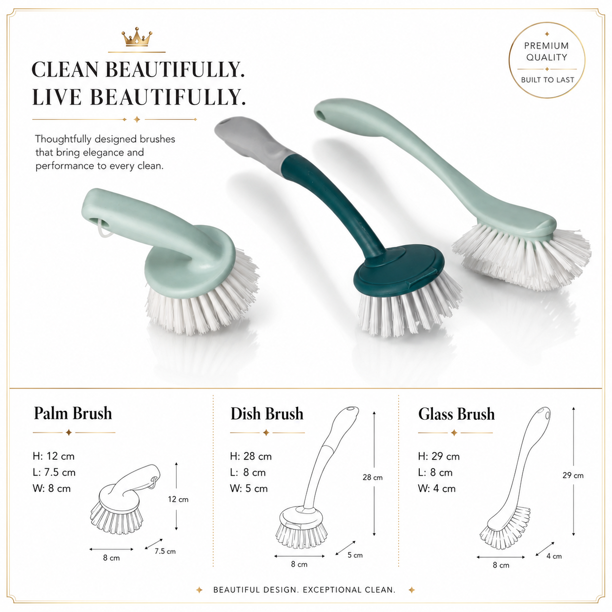 Essential 3 Piece Dish Brush Set with Palm Brush and Glass Cleaning Brush