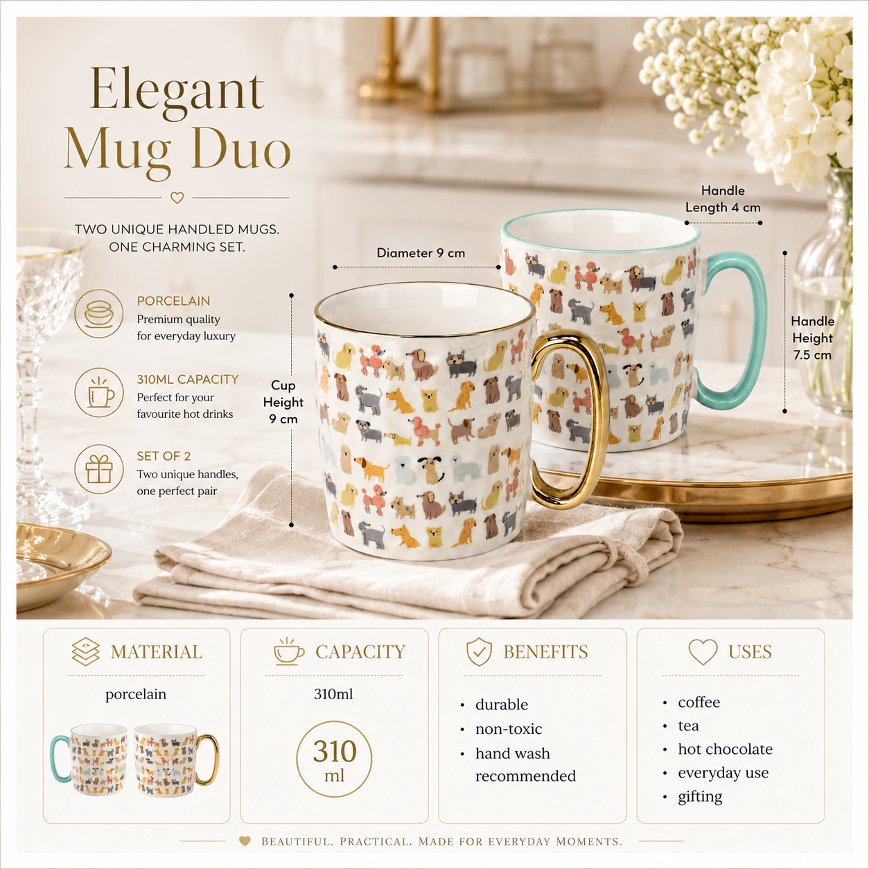 Classic Animal-Print Porcelain Mug Set of 2 –310ml - Hot and Cold Drinkware