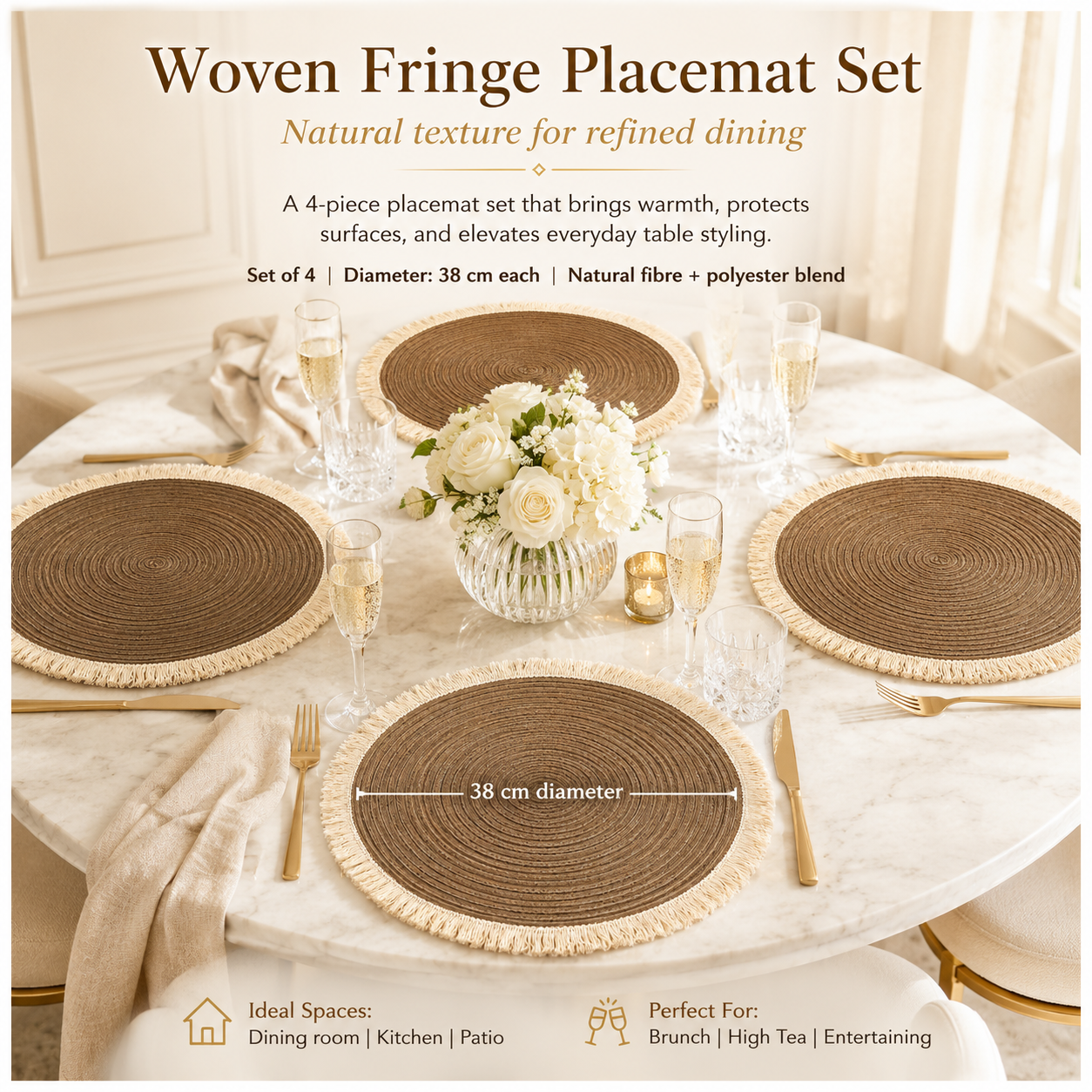 Essential 4-Piece Round Woven Fringe Placemat Set – 38 cm