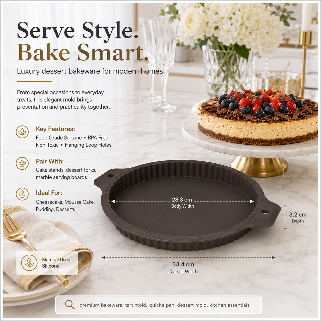 Essential Round Fluted Tart and Quiche Mold -33.4 x 28.3 x 3.2cm - BPA free