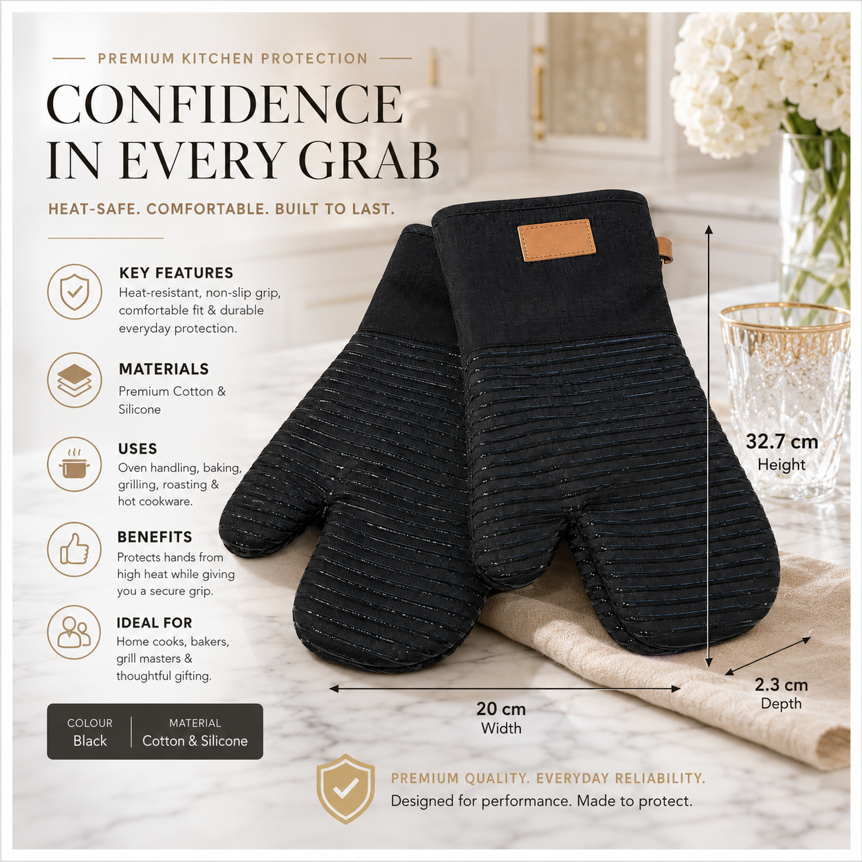 BPA Free -Heat Resistant Cotton Silicone Oven Mitts -Double Padded-Non Slip