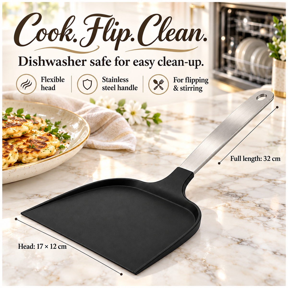 Wide Pancake Turner Spatula–Flexible Head and Stainless Steel Handle, 32 cm