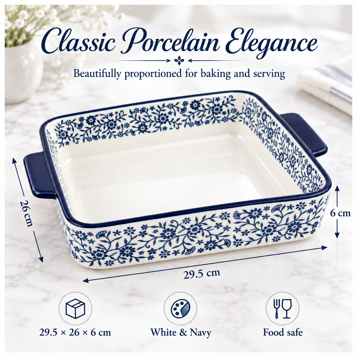 Elegant Blue and White Floral Porcelain Baking Dish with Handles - 29.5cm